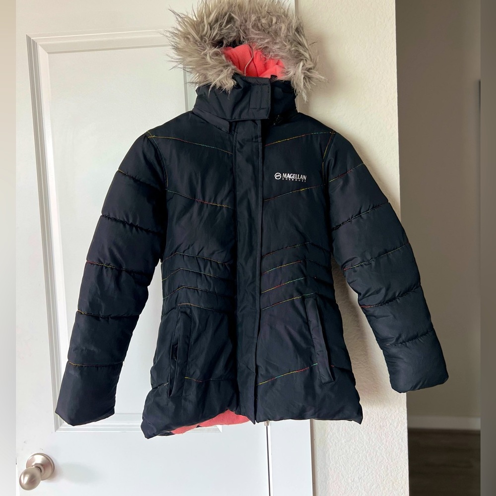 Magellan Outdoors Kids Black Puffer Jacket with Faux Fur Hood